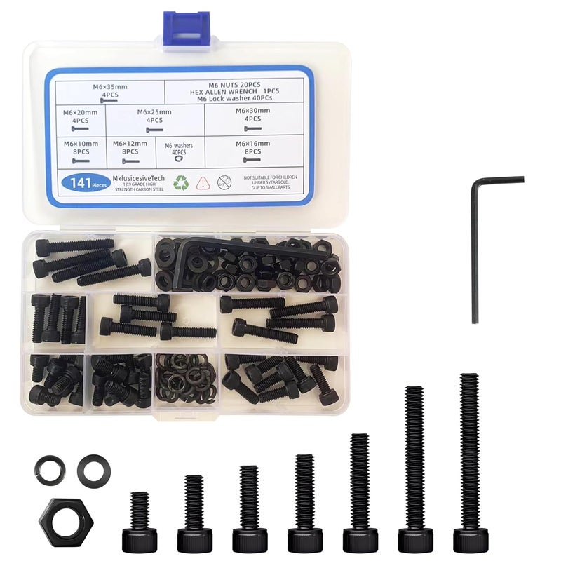 MklusiveTech 141Pcs M6 Screw Kit - 12.9 Grade Carbon Steel M6 Screws, Bolts, Nuts Assortment for DIY, 3D Printing, Automotive, Electronics (10-35mm, Black) - Image 1
